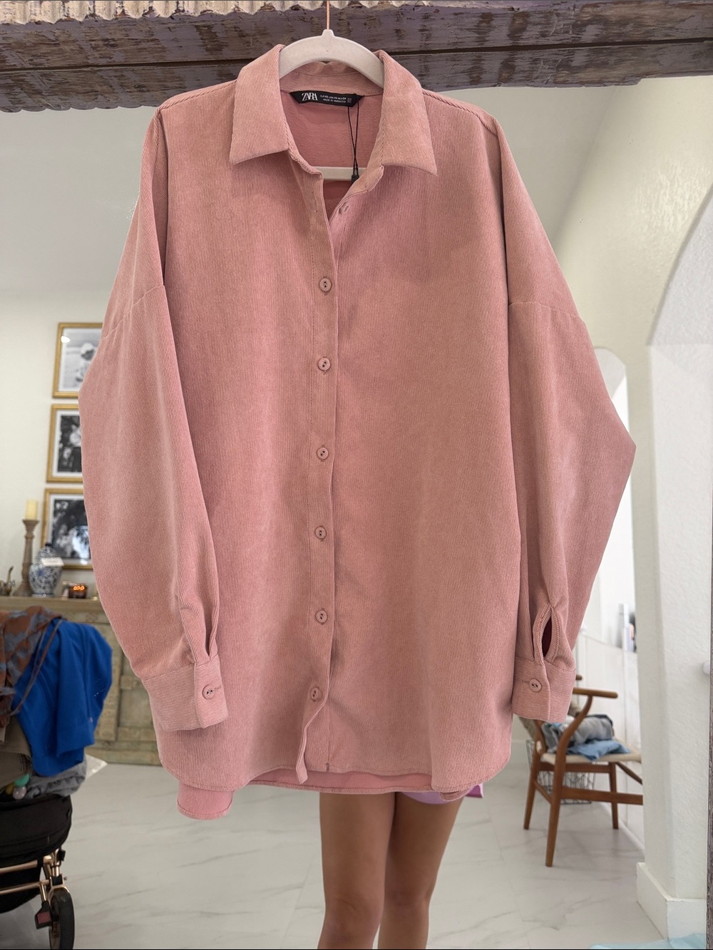 Zara Blush Pink Oversized Button-Down Corduroy Shirt